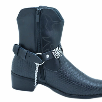 Men chain black bands western motorcycle boots 2 straps cross charms rocker punk