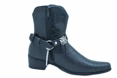 Men Chain Black Bands Western Motorcycle Boots 2 Straps Cross Charms Rocker Punk