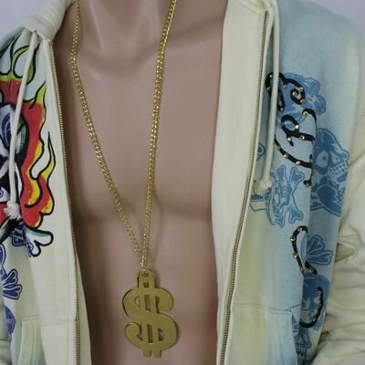 Men gold metal necklace big shiny dollar sign $ bling pendant street hip hop