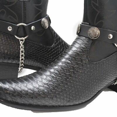 Men indian metal silver chain fashion western shoe boot black 2 band rider biker