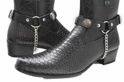 Men Indian Metal Silver Chain Fashion Western Shoe Boot Black 2 Band Rider Biker