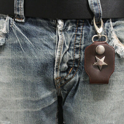 Men silver key chain ring holder texas star charm clasp hook brown faux leather