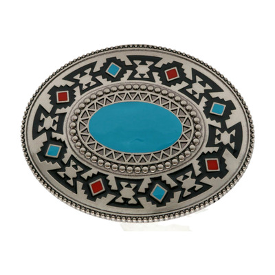 Men silver metal buckle native ethnic big oval turquoise blue western accessory