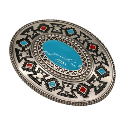 Men silver metal buckle native ethnic oval shape turquoise blue red black print