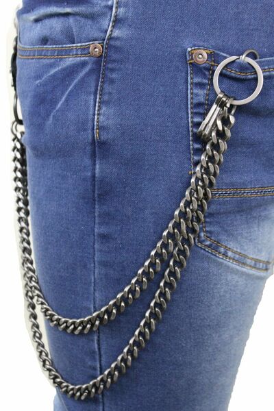 Men Silver Metal Strands Wallet Chain Skull Clasp Bullet Gun Biker Trucker Style