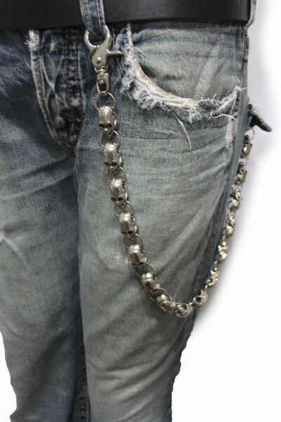 Men Silver Metal Wallet Chains Links KeyChain Jeans Biker Big Skulls Skeletons