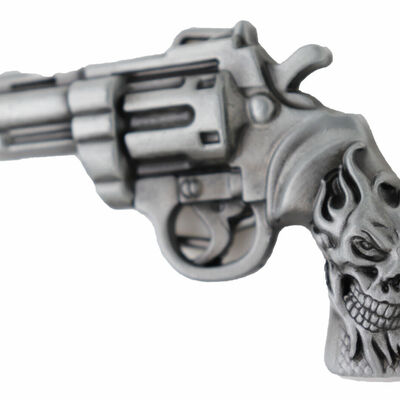 Men silver metal western old school fashion belt buckle revolver gun skull