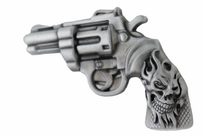 Men Silver Metal Western Old School Fashion Belt Buckle Revolver Gun Skull