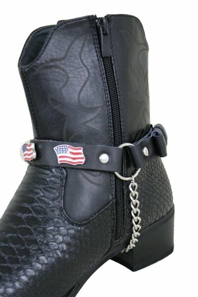 Men USA Charm Metal Boot Chain Fashion Motorcycle Shoe Black Strap Rider Bands