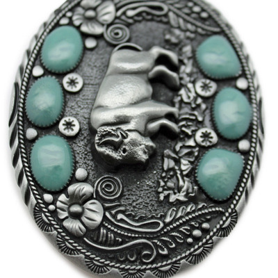 Men western belt buckle dark silver metal cowboy bison buffalo ox oval shape