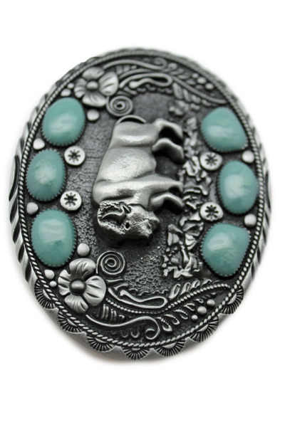 Men Western Belt Buckle Dark Silver Metal Cowboy Bison Buffalo Ox Oval Shape