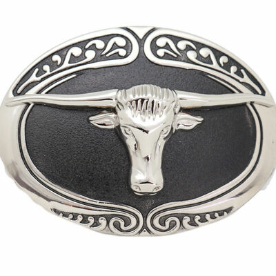 Men western cowboy belt buckle silver metal bull rodeo long horn texas cow black