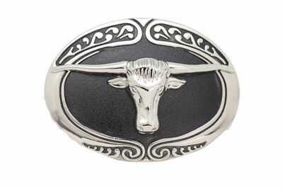 Men Western Cowboy Belt Buckle Silver Metal Bull Rodeo Long Horn Texas Cow Black