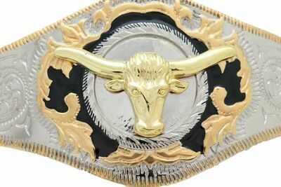Men Western Fashion Belt Buckle Silver Metal Gold Long Horn Bull Rodeo 