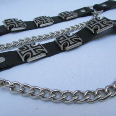 Men western iron cross silver boot chain pair black color 2 straps shoe bracelet