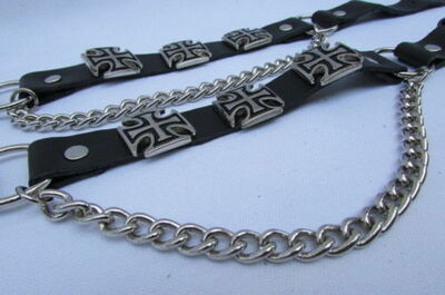 Men Western Iron Cross Silver Boot Chain Pair Black Color 2 Straps Shoe Bracelet