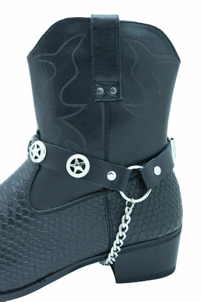 Men Western Texas Star Silver Boot Chain Pair Black Straps Shoe Bracelet TX