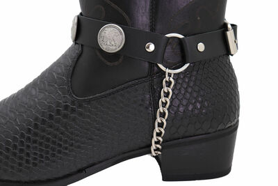 Men Women Boot Pair Black Strap Biker Bracelet American Eagle Charm Silver Chain