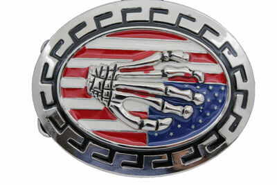 Men Women Silver Belt Buckle Skull Skeleton Hand USA Flag United States America