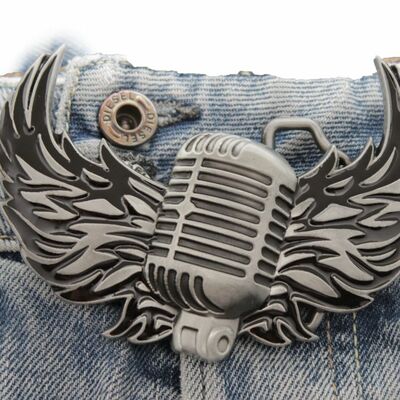 Men women silver buckle western hip hop radio music microphone fire wings rocker