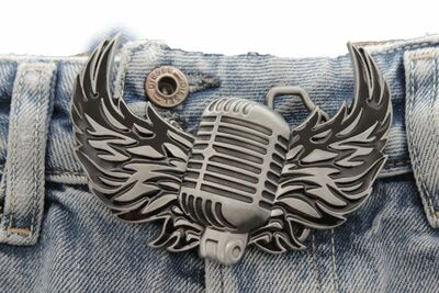 Men Women Silver Buckle Western Hip Hop Radio Music Microphone Fire Wings Rocker