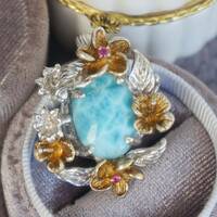 Natural Larimar Pendant Flower Basket Design 925 Sterling Silver Pendant vintage feeling - Thumbnail 1