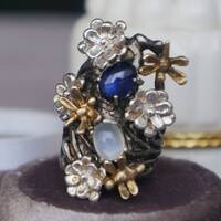 Jardin @ Minuit~Natural Blue Spphire and Moonstone Ring Extrodinary 925 Sterling Silver Ring US size 6 Ring for Women - Thumbnail 2
