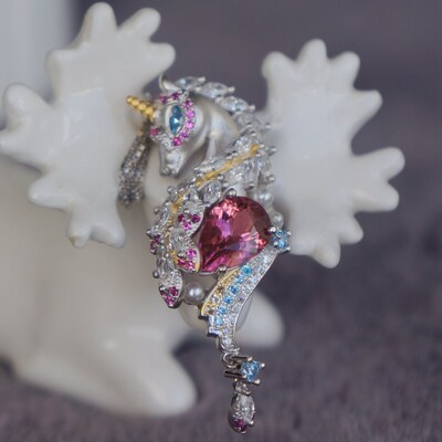 Magic unicorn pendant pink tourmaline pendant 925 sterling silver pendant great gift(free silver chain gift)