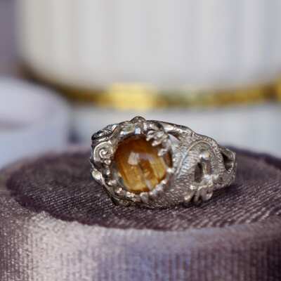 Oriental dragon natural golden rutilated quartz ring 925 silver ring us size 6 1/4 very cool designer unisex gift for father or boyfriend