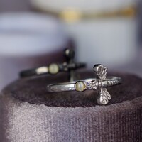 Dragonfly Ring--Round Shape Cat's Eye Chrysoberyl Ring Small Cab 925 Sterling Silver Ring plated in Rhodium US size 8 - Thumbnail 3
