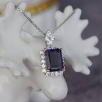 CZ Halo Natural Iolite Pendant 925 Sterling Silver Pendant Gift for Birthday for Girls(free silver chain gift) - Thumbnail 1