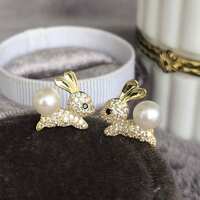 Super Cute Rabbit/Hare Earstuds Freshwater Pearl 925 Sterling Silver Stud Earrings Animal Jewelry for Kids for Laides - Thumbnail 1
