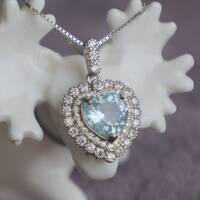 Elegant Double Halo Heart Shape Natural Aquarmarine Pendant 925 Sterling Silver Pendant for Girl(free silver necklace gift) - Thumbnail 1