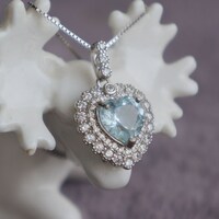 Elegant Double Halo Heart Shape Natural Aquarmarine Pendant 925 Sterling Silver Pendant for Girl(free silver necklace gift) - Thumbnail 4