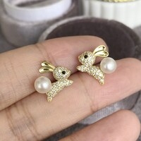 Super Cute Rabbit/Hare Earstuds Freshwater Pearl 925 Sterling Silver Stud Earrings Animal Jewelry for Kids for Laides - Thumbnail 5