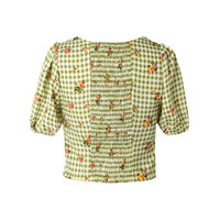 Pastoral style fresh plaid floral square collar puff sleeve casual shirt - Thumbnail 2