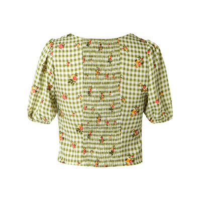Pastoral style fresh plaid floral square collar puff sleeve casual shirt