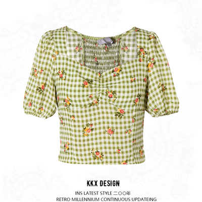 Pastoral style fresh plaid floral square collar puff sleeve casual shirt