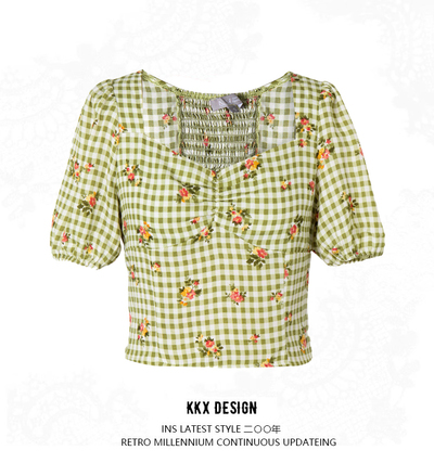 Pastoral style fresh plaid floral square collar puff sleeve casual shirt