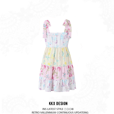 Double shoulder strap dress design splicing pleated printed large swing tube top suspender skirt - Thumbnail 5