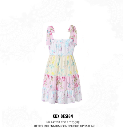 Double Shoulder Strap Dress Design Splicing Pleated Printed Large Swing Tube Top Suspender Skirt