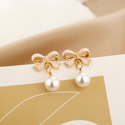 Bowknot Shaped Imitation Pearl Pendant Earrings