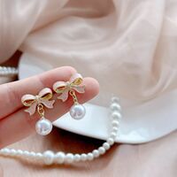 Bowknot Shaped Imitation Pearl Pendant Earrings - Thumbnail 3