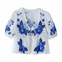 Fashion Printed V-Neck Lace-Up Short Sleeve Top - Thumbnail 2