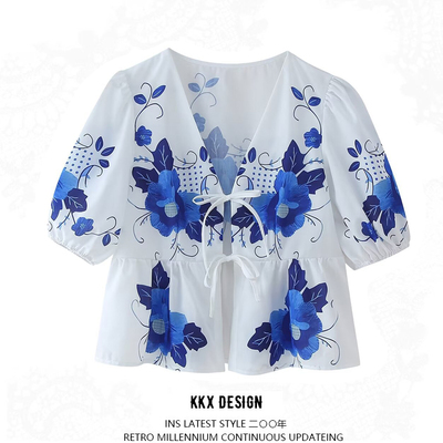 Fashion printed v-neck lace-up short sleeve top