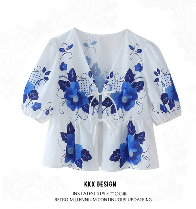 Fashion Printed V-Neck Lace-Up Short Sleeve Top