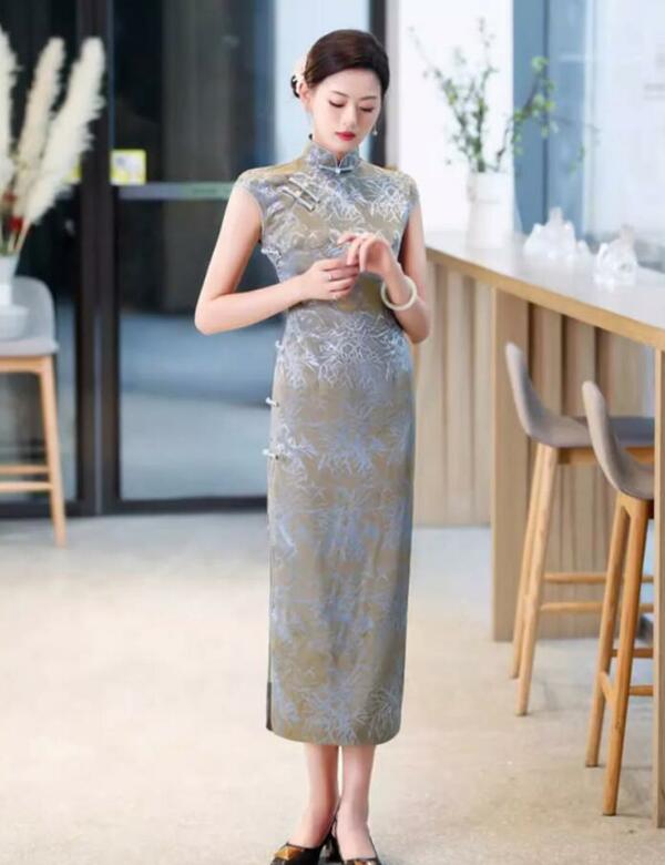 Gray cheongsam dress | sleeveless modern qipao | satin elegant ball gown, plus size dress, women dress, prom dress, evening party dress