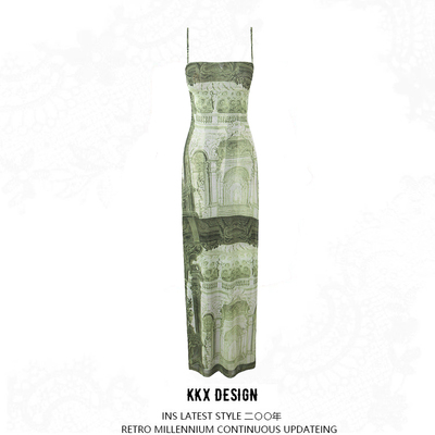 High waist printed mid-length suspender dress