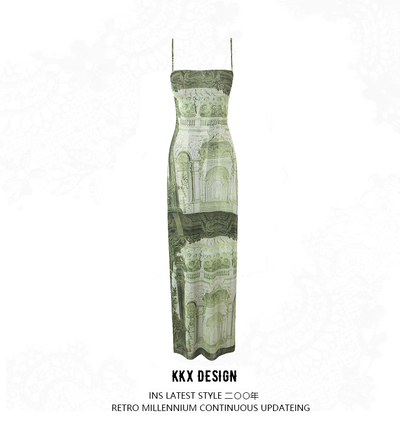 High waist printed mid-length suspender dress