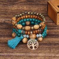 Bohemian style multi-layer bracelet set elastic wood bead bracelets - Thumbnail 9